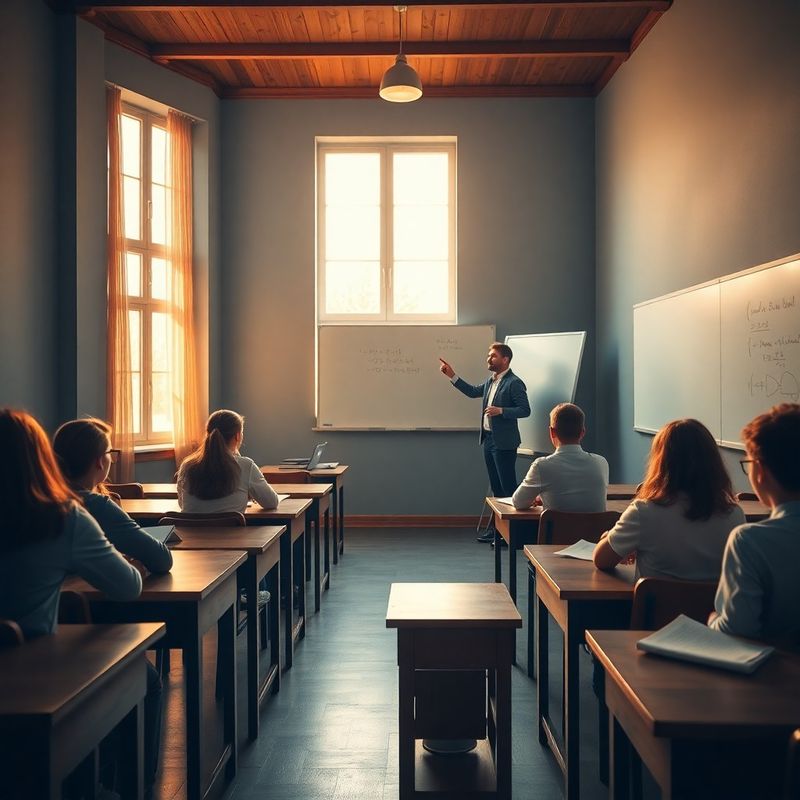 Grup mic de elevi la bănci de lemn într-o sală indigo, cu instructor la tablă