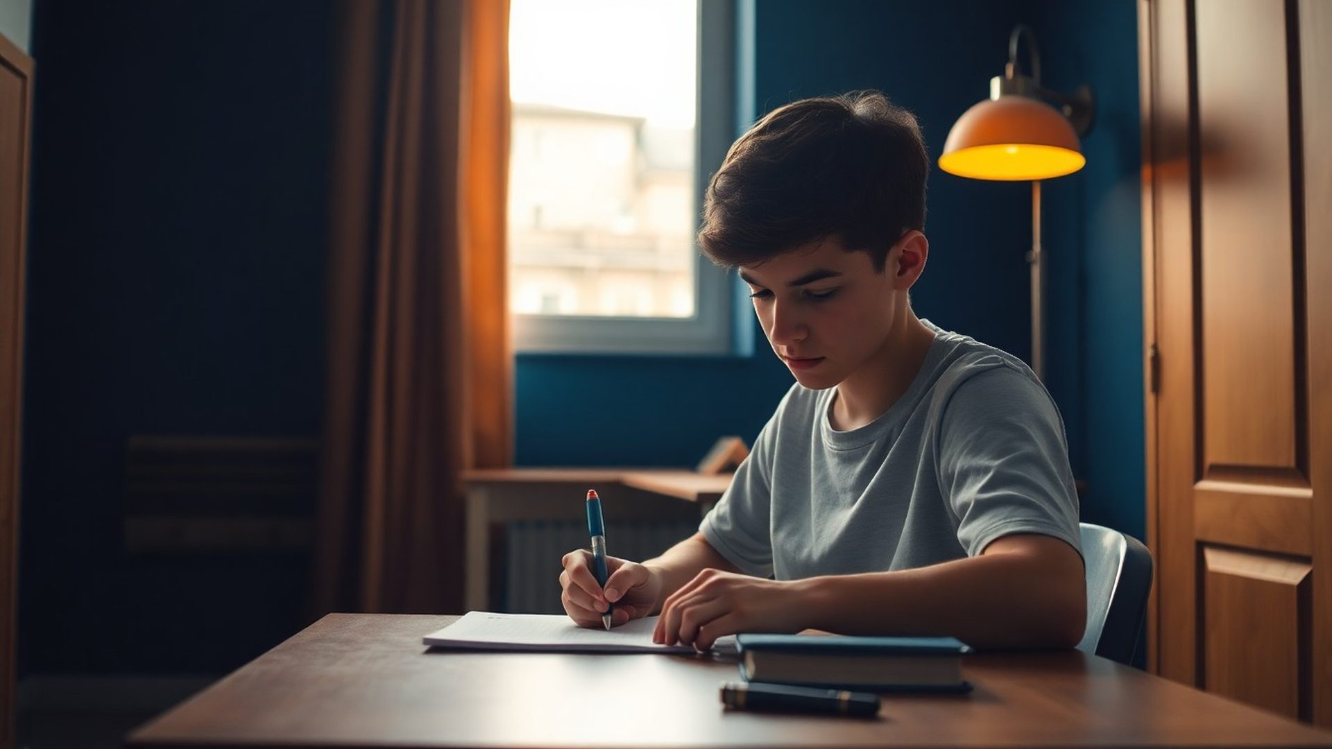 Elev concentrat scriind la un birou într-o sală cu pereți indigo și lumină caldă