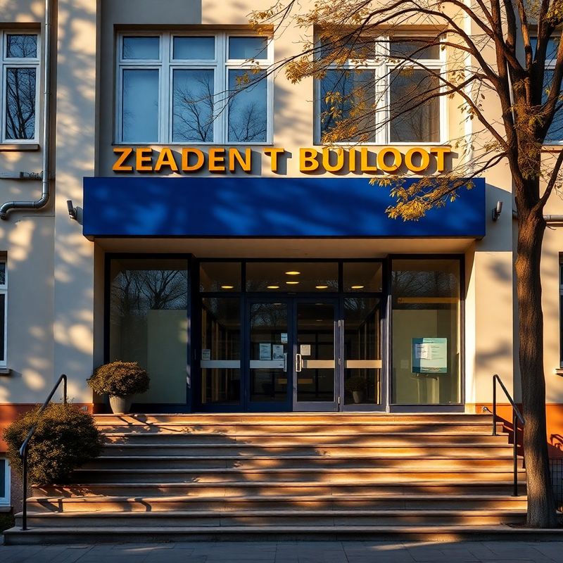 Fațada clădirii StrategyAccelerator în Timișoara, cu semnalistică indigo și chihlimbar